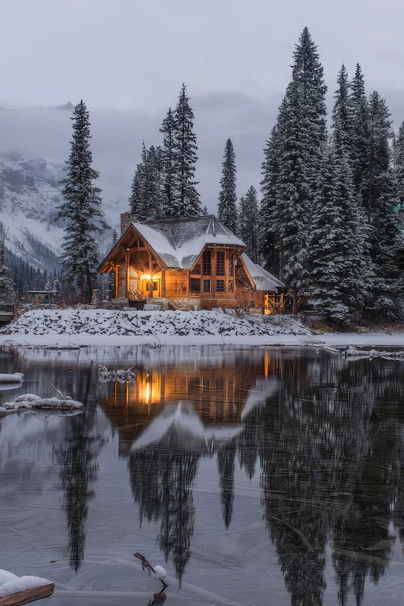 A snow-covered mountain cabin with warm lights glowing in the windows, reflected in a still lake at dusk