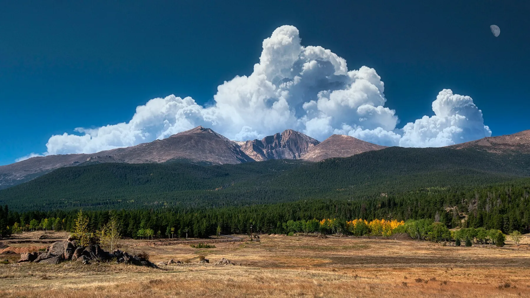 Longs Peak under towering summer clouds